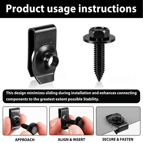 Product usage instructions for Heavy Duty Fifty Piece Quarter Inch Automotive Body Bolt And U Nut Clip Fastener Kit.