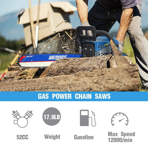 Person using Rugged 52cc Gas Chainsaw With 18 Inch Bar And Two Stroke Power For Cutting Wood Outdoors Garden Farm or Home Use