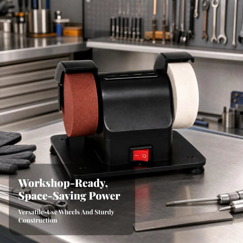 Compact Electric Mini Bench Grinder Featuring Non Slip Grip For Tough Sharpening And Smooth Polishing Tasks A Badass Addition To Any Home Workshop For Weekend Mechanics Who Dig Clean Cuts Every Time, showing red and white wheels.