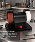 No Fuss Mini Bench Grinder With A Rock Solid Copper Motor And Seven Adjustable Speed Options For Easy Peasy Sharpening Light Metalworking And Hassle Free Diy Tabletop Projects Always Ready To Tackle Tough Jobs on a workbench with red and white wheels.