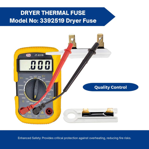 Dryer Thermal Fuse WP3392519 Universal Replacement with multimeter for Whirlpool Maytag, quality control testing