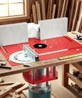 Rock Solid Router Table Insert Plate Featuring Precision Miter Gauge Guide Fence And Hassle Free Sliding Brackets For Quick Trim Router Setup Shop Essential Upgrade with aluminum body on workbench.