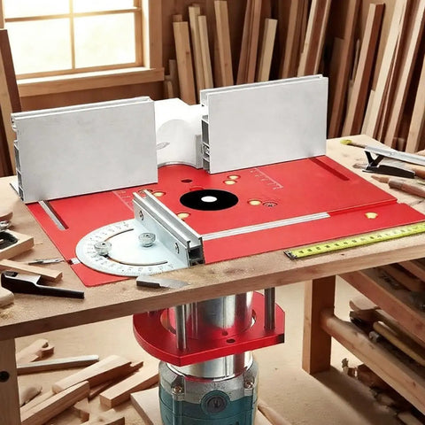 Rock Solid Router Table Insert Plate Featuring Precision Miter Gauge Guide Fence And Hassle Free Sliding Brackets For Quick Trim Router Setup Shop Essential Upgrade with aluminum body on workbench.