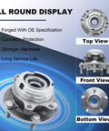 Direct Fit Front Wheel Bearing And Hub Assembly For Nissan Altima 2007 2008 2009 2010 2011 2012 2.5L With 29 Splines And Five Lug Pattern Plug And Play Easy Install Bolt On Wheel Hub Replacement For Smooth Steering And Reliable Performance displayed in top, front, and bottom views emphasizing OE specification, corrosion protection, hardness, and durability.