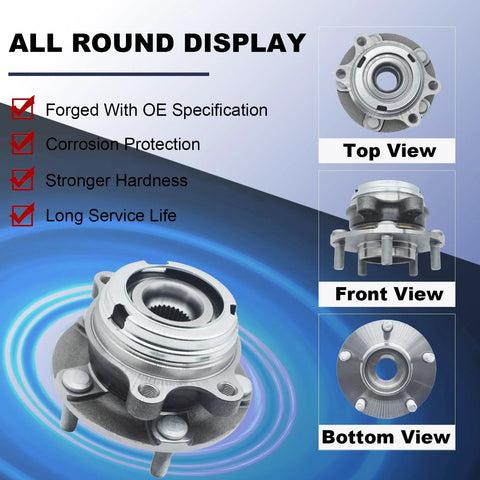 Direct Fit Front Wheel Bearing And Hub Assembly For Nissan Altima 2007 2008 2009 2010 2011 2012 2.5L With 29 Splines And Five Lug Pattern Plug And Play Easy Install Bolt On Wheel Hub Replacement For Smooth Steering And Reliable Performance displayed in top, front, and bottom views emphasizing OE specification, corrosion protection, hardness, and durability.