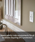 GFCI In Wall Outlet With USB A And USB C Ports, 15 Amp Self Test Ground Fault Protection installed in a bathroom wall.