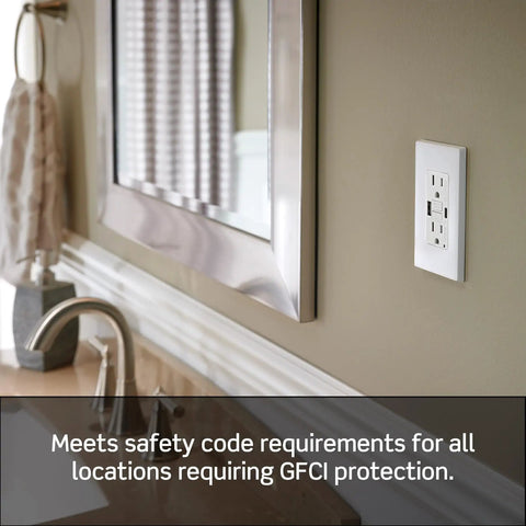 GFCI In Wall Outlet With USB A And USB C Ports, 15 Amp Self Test Ground Fault Protection installed in a bathroom wall.