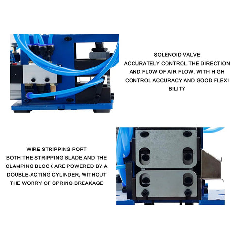 Heavy Duty Pneumatic Wire Stripping Machine For Automatic Cable Peeling And Cutting, close-up of solenoid valve and wire stripping port.