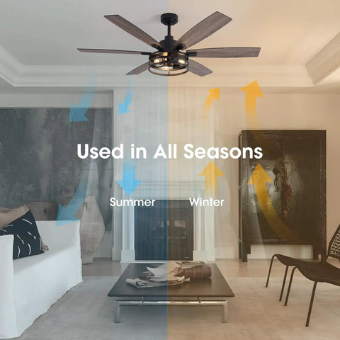 Living room with 60 Inch Ceiling Fan With Lights And Remote For Indoors And Outdoors In Black Caged Farmhouse Style Perfect For Bedroom Living Room And Patio Reversible DC Motor With Six Speeds And Energy Saving, indicating seasonal use.