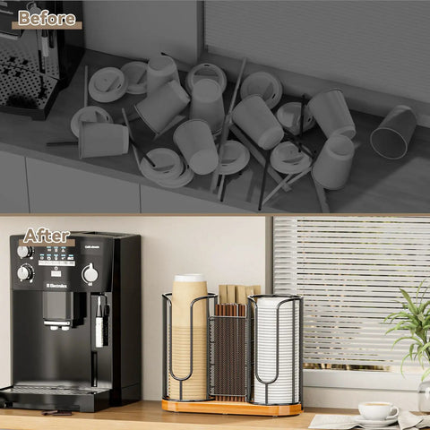 Before and after comparison with Cup And Lids Holder With Wooden Base For Disposable Cups Straws Organizer And Dispenser On Countertop Coffee Station Bar Restaurant Office Breakroom Kitchen Paper And Plastic Cup Holder Storage Shop