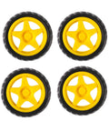 Four Piece Rubber Wheel Set For 1 To 48 Scale Smart Car Robot DIY Kit And RC Cars Chassis Spare Parts With High Torque 800 GF CM At 3V And Precise 65mm Diameter 52mm Inner 27mm Width image featuring yellow star design hubs.