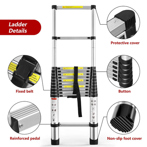 Close-up of Telescoping Aluminum Ladder 12 Rungs, Heavy Duty Extension with protective cover, fixed belt, and non-slip foot