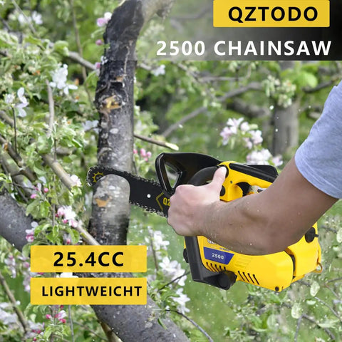 Person using Top Handle Chainsaw Gas Powered 12 Inch Bar Tiny But Mighty Portable Little Saw 25.4cc 2 Stroke Engine for cutting tree branch