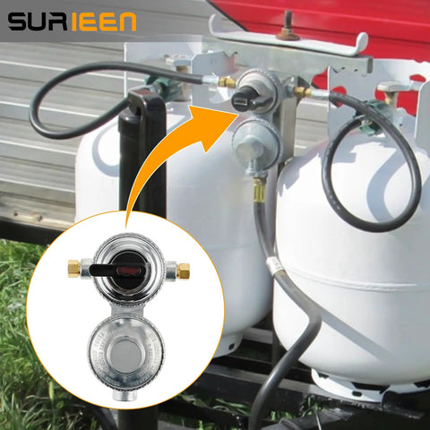 SURIEEN 2-stage propane regulator with auto-changeover for RVs; dual-tank system with brass fittings.