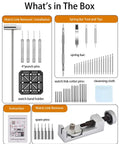 Image showing Go To All In One Watch Band Repair Kit With Link Remover And Spring Bar Tools Pro Grade Set Includes 108 Spring Bars 20 Link Pins Replacement Punches Hammer Cleaning Cloth And Easy Strap Resize For Any Size components.