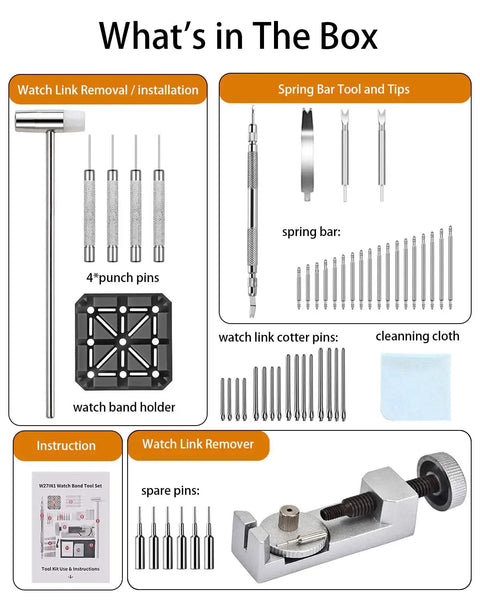 Image showing Go To All In One Watch Band Repair Kit With Link Remover And Spring Bar Tools Pro Grade Set Includes 108 Spring Bars 20 Link Pins Replacement Punches Hammer Cleaning Cloth And Easy Strap Resize For Any Size components.