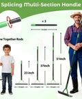 Man holding Double Sided Lawn Thatch Rake, 51 inch heavy duty metal rake with 21 teeth, shown with multi-section handle and child model.