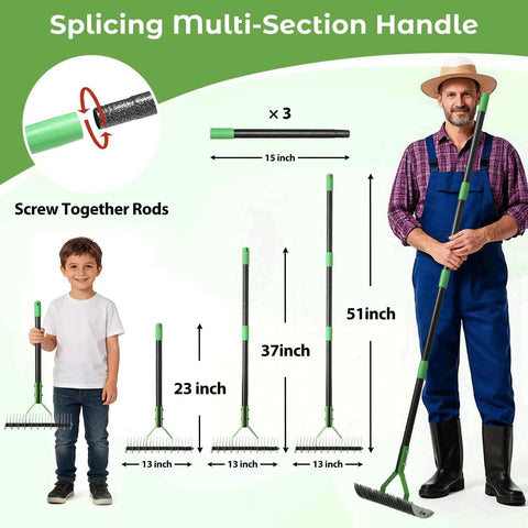 Man holding Double Sided Lawn Thatch Rake, 51 inch heavy duty metal rake with 21 teeth, shown with multi-section handle and child model.