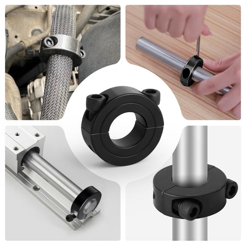 Six Piece One Inch Split Collar Clamp Set For Shafts With Clamp On Design Includes Screws And Wrench Heavy Duty Carbon Steel Rust Resistant Easy Install Shaft Fixing Ring Kit