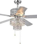Sleek Chrome 52 Inch Ceiling Fan Chandelier With 5 Blades, Crystal Accents, Pull Chain, ETL Listed, Modern Metal And Wood Finish