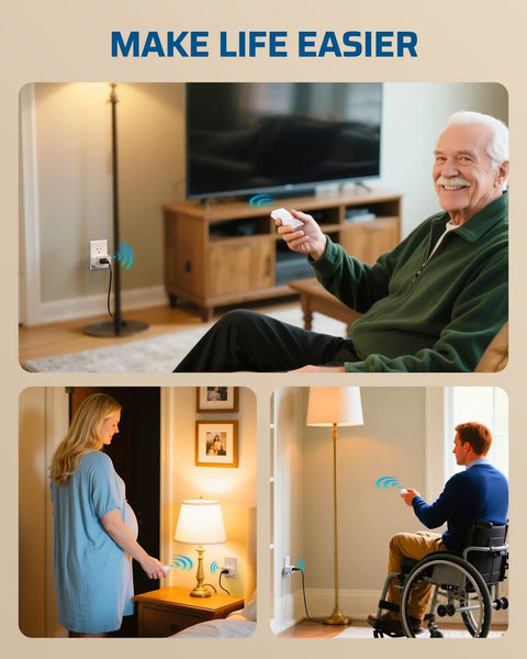 Zero Fuss Remote Control Outlet Timer Featuring Smart Countdown Modes in use with an elderly man, a pregnant woman, and a wheelchair user.