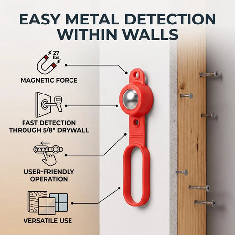 KIMISS 8 Pcs Magnetic Stud Finder, 27 Lbs Magnetic Force showing easy metal detection through drywall with user-friendly operation.