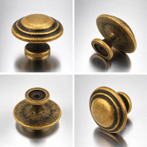 10 Pack Antique Brass Round Top Ring Cabinet Knobs, 35mm Diameter Zinc Alloy Handles for kitchen cupboards and drawers