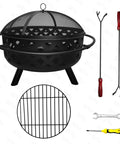 24 Inch Fire Pit With 2 Poker Tools And Cover, Outdoor Wood Burning Firepit with grill, tools, and cover displayed