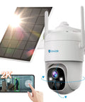2K Solar Wireless Outdoor Security Camera with 360 Degree PTZ shown with solar panel, 3MP HD, WiFi, Smart AI alerts, 2 way talk.