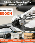 Heavy Duty Pneumatic Steel Strapping Machine For 1.25 Inch Wide Buckles With Integrated Tensioner And Cutter Sealer in use on steel