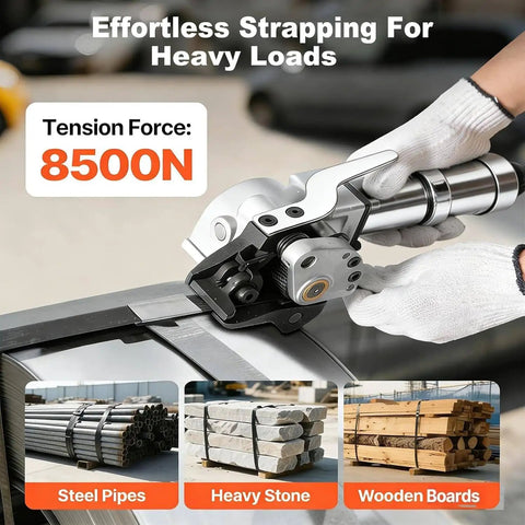 Heavy Duty Pneumatic Steel Strapping Machine For 1.25 Inch Wide Buckles With Integrated Tensioner And Cutter Sealer in use on steel