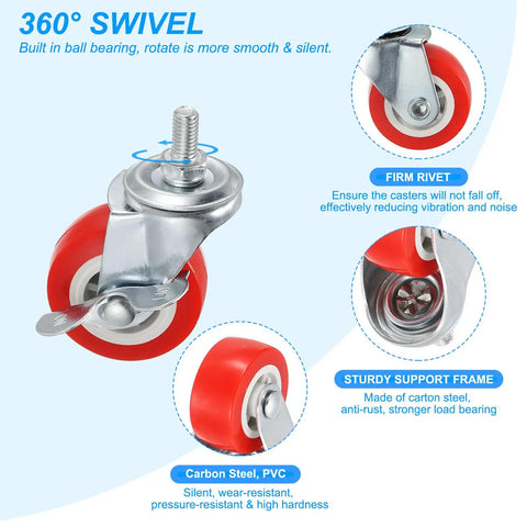 2 Inch Swivel Caster Wheels With Brakes Set Of 4 For Furniture Chairs Heavy Duty 264 Lb Total Load M8 X 15mm Threaded Stem PVC Castors With Nuts Gaskets Wrench Red