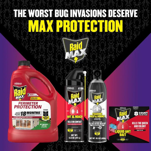 Raid Max perimeter protection products including 1 gallon refill for 18 months indoor/outdoor use against bugs.