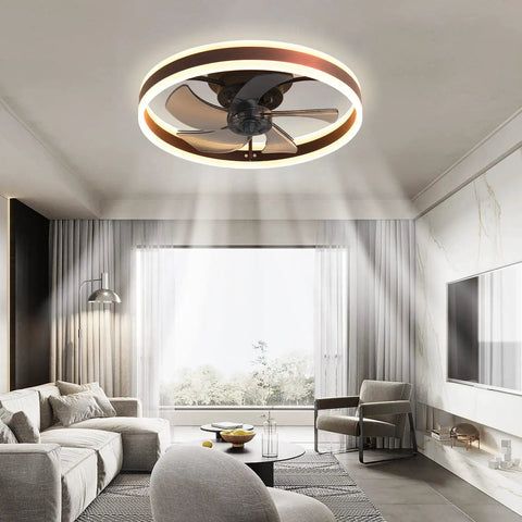 Modern Dope Low Profile Ceiling Fan With Light And Remote 20 Inch flush mount fan in a stylish living room setting