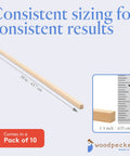 Real Deal Unfinished Square Dowel Rods 1/4 Inch By Eighteen Inch Pack Of Ten shown with measurements for crafting and DIY projects.