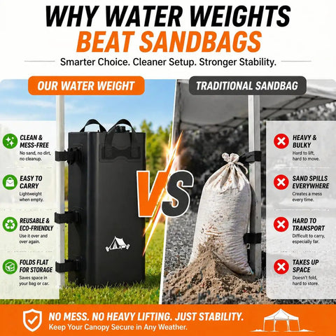 Comparison of Heavy Duty Canopy Weights Set Of 4 220 Lb Water Weights with traditional sandbags for canopy stability