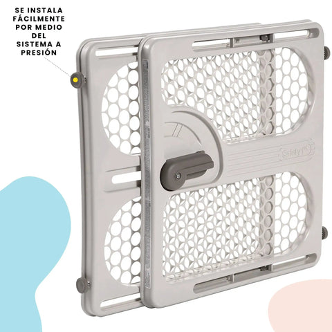 Pressure Mounted Easy Fit Baby Gate With Memory Feature Fits 28 To 40 Inches Taupe in folded position with one-hand lock.