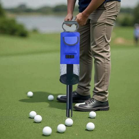 Person using Golf Ball Retriever With Telescoping Handle Up To 29.5 Inches, Portable Shag Bag With Pocket, blue collector on green