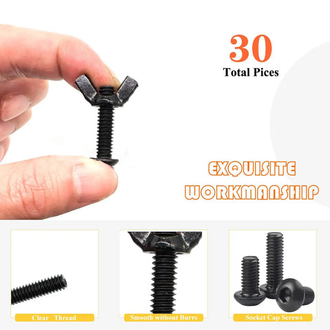 Black One Quarter Twenty Thread Wing Nut And Button Head Socket Cap Screw Kit With Hex Key includes fifteen wing nuts and screws