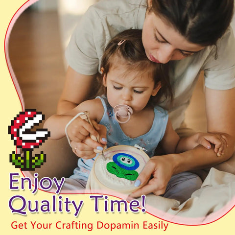 Mother and child using Punch Needle Coaster Kit For Easy DIY Embroidery 6 Piece All In One Set With Fun Patterns Tools Yarns Hoop Instructions