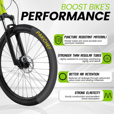 Heavy Duty 26 Inch Bike Inner Tube For 26x1.75 1.95 2.10 2.125 Tires With 32mm Schrader Valve, showing features list