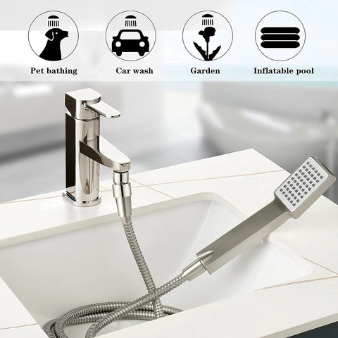 Installed brushed-nickel stainless steel handheld shower hose with square spray head and coiled metal hose