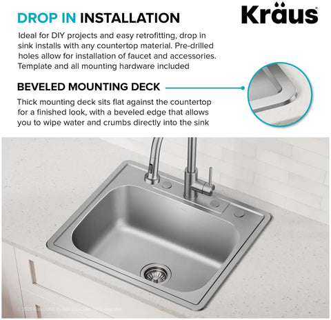 25 Inch Top Mount Single Bowl 18 Gauge Stainless Steel Kitchen Sink With Noise Defend Soundproofing And Dent Resistant Build