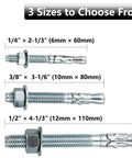 Three sizes of zinc plated wedge anchors for concrete, including 3/8 inch by 3-1/6 inch heavy duty carbon steel expansion bolts.