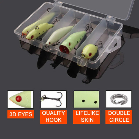 Luminous Night Fishing Lure Kit 5Pc With VIB Popper Crankbait Minnow Pencil Lure And Treble Hook Lures In A Handy Tackle Box