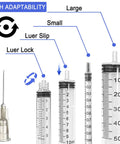 High Flow 27 Gauge Luer Lock Refilling Tips for Inks, 100 Pack, Five Eighths Inch Length, Stainless Steel and Plastic, Straight and Screw In Ports, Great for Scientific Labs, Industrial Use and Ink Refill Projects showing syringe compatibility sizes