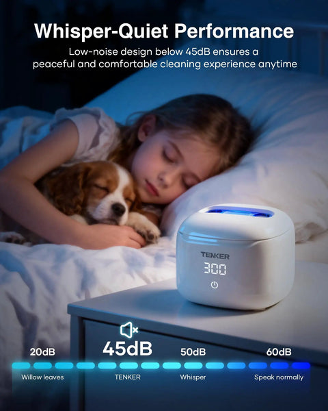 Child sleeping with dog near 49kHz Ultrasonic Cleaner For Night Guards And Dental Gear, Deep Clean Mouth Guards Aligners Braces Dentures Toothbrushes Jewelry And More In A 220ML White Pod For Quick, No-Fuss, Odor-Free Refresh on nightstand.