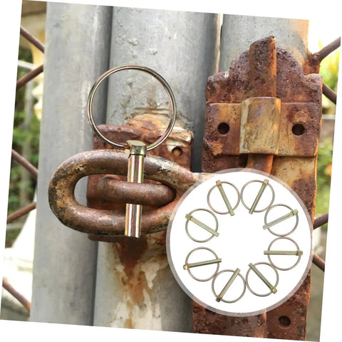 8 Pack Lynch Pin Kit Beefy Heavy Duty Ring Pins For Trucks Trailers Mowers And Farm Equipment Secure Fixes That Last Durable Wear-Resistant Spring-Loaded Design Built Tough For Real World Use. spring-loaded ring pin securing rusted gate hardware