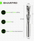 SharpPro 1/4-inch spiral downcut router bit, side view; solid carbide, 1/4" shank, 2-1/4" OAL
