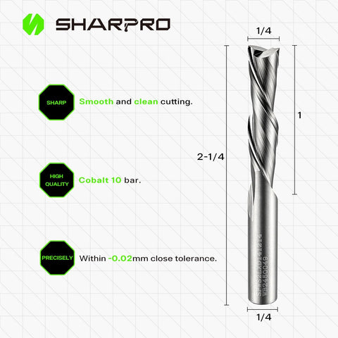 SharpPro 1/4-inch spiral downcut router bit, side view; solid carbide, 1/4" shank, 2-1/4" OAL